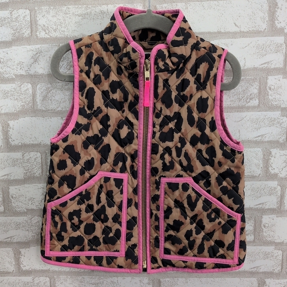 Crewcuts girls zip up leopard print quilted vest with hot pink trim size 2